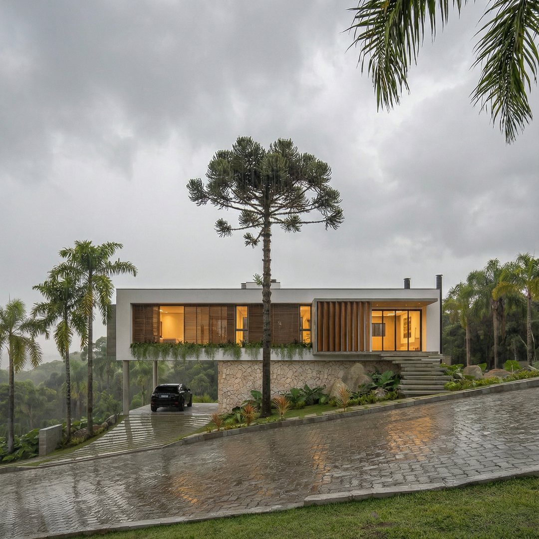 A mesma casa em dia de chuva, com as luzes acesas
