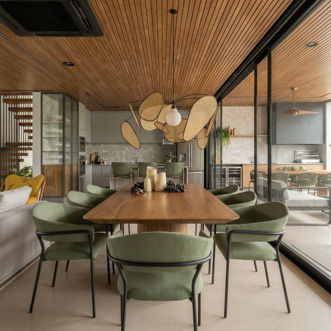 Sala de jantar com cadeiras verdes
