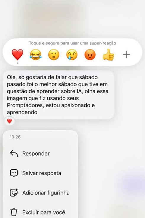 Mensagem de aluno sobre o workshop