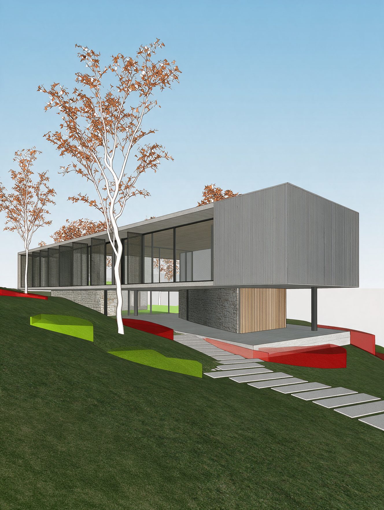 Print do modelo 3D da casa com volume suspenso sobre encosta, antes do render