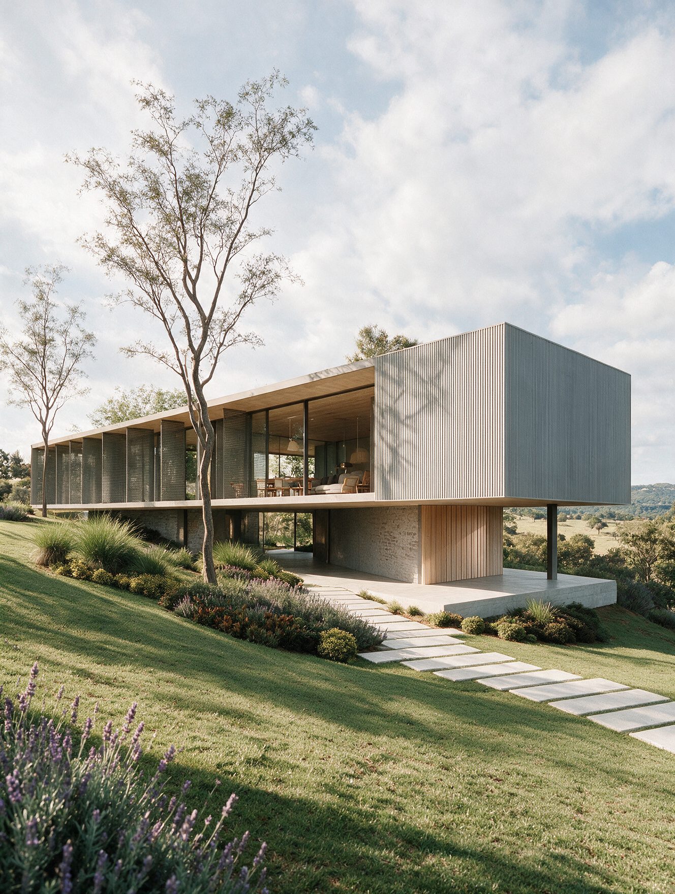 Casa com volume suspenso sobre encosta gramada renderizada com IA
