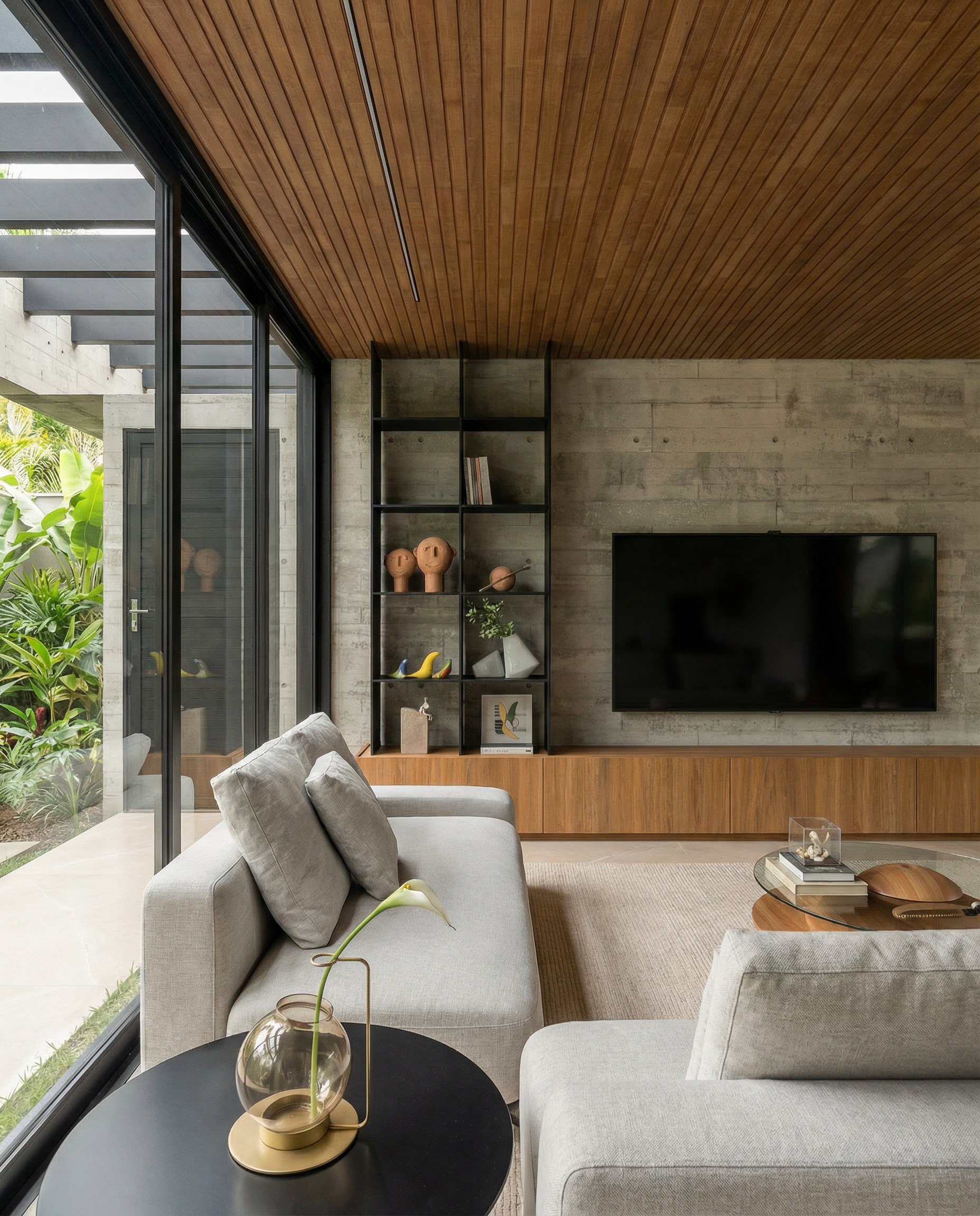 Sala de estar com sofá cinza e painel de televisão